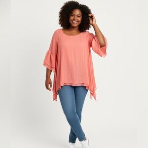 INDIGO SOUL peach bell sleeve high low Boho top plus size 2X